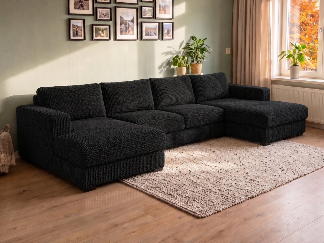 Almere Longchair + 2 zits + Longchair in zwart – kleurimpressie – A-meubel