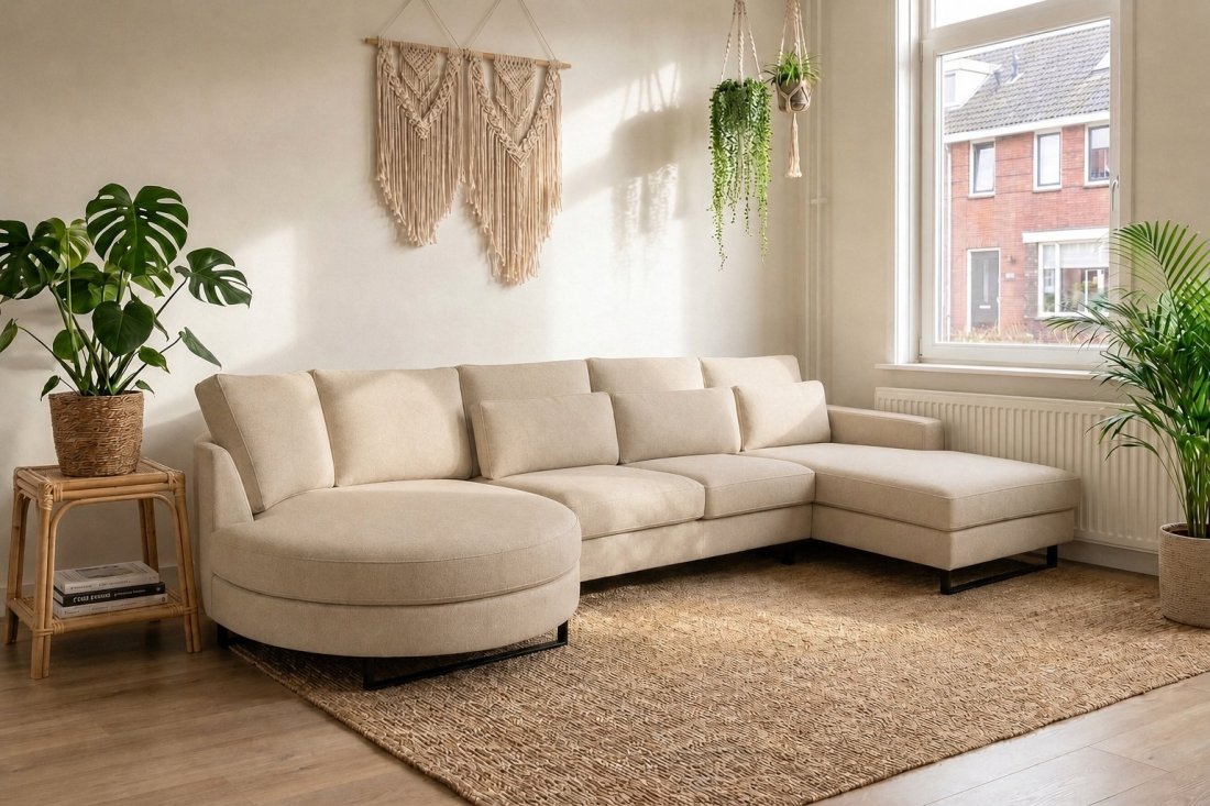 Amstelveen Longchair Rond + 2 Zits + Longchair in beige – kleurimpressie – A-meubel