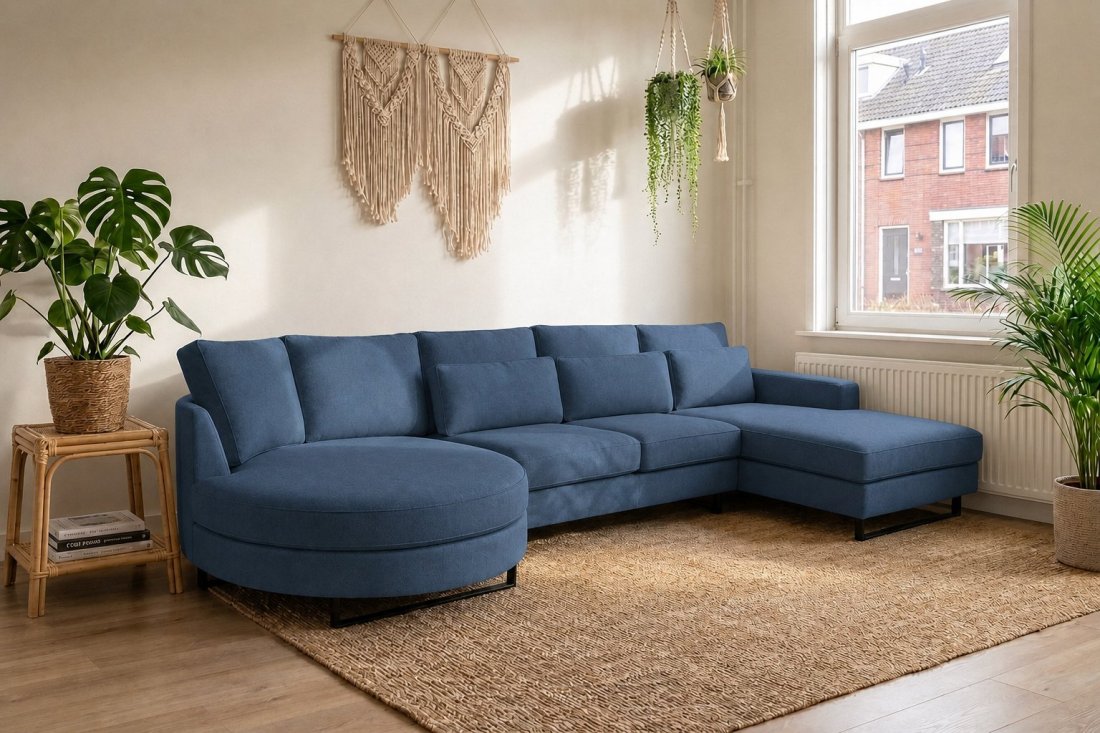 Amstelveen Longchair Rond + 2 Zits + Longchair in blauw – kleurimpressie – A-meubel
