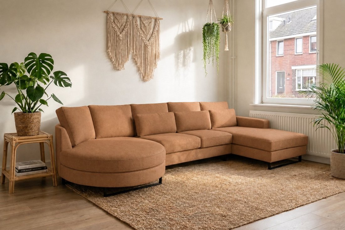 Amstelveen Longchair Rond + 2 Zits + Longchair in cognac – kleurimpressie – A-meubel