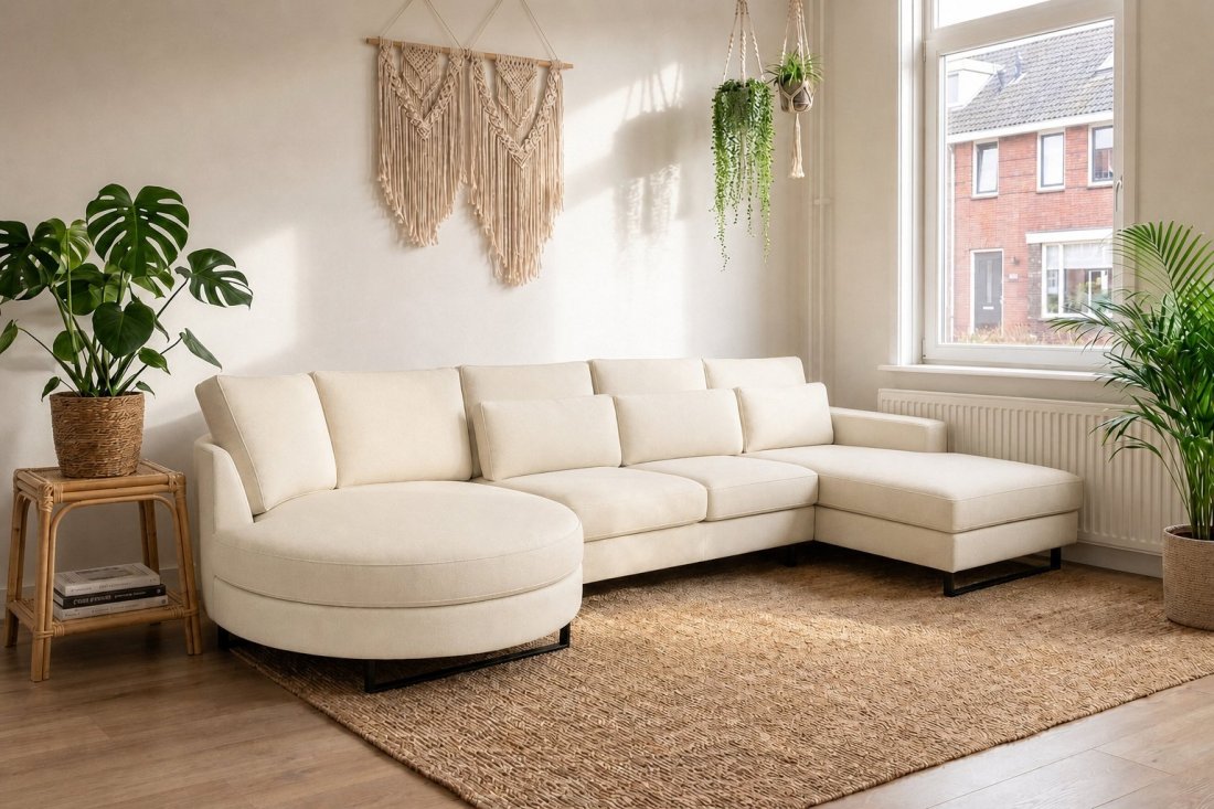 Amstelveen Longchair Rond + 2 Zits + Longchair in creme – kleurimpressie – A-meubel
