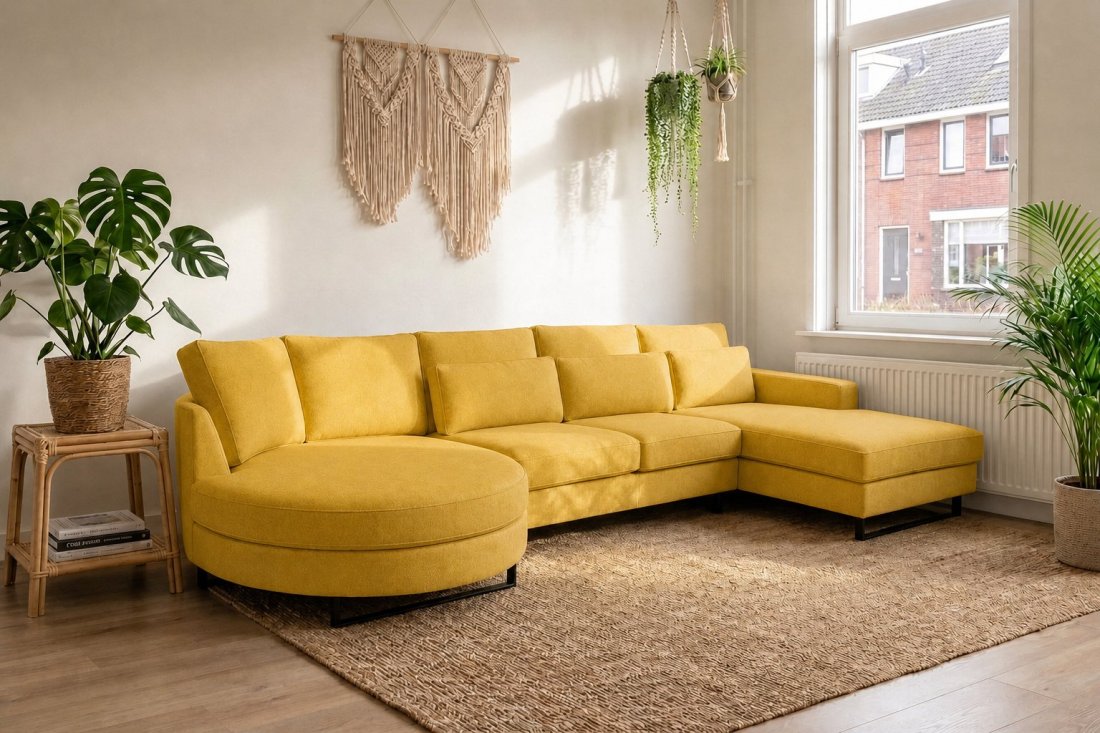 Amstelveen Longchair Rond + 2 Zits + Longchair in geel – kleurimpressie – A-meubel
