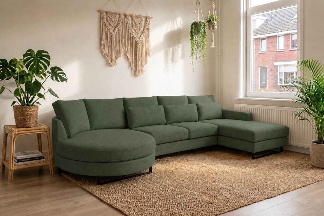 Amstelveen Longchair Rond + 2 Zits + Longchair in groen – kleurimpressie – A-meubel