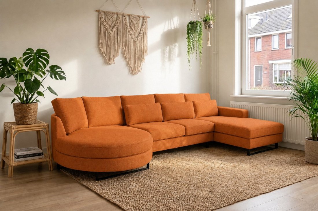 Amstelveen Longchair Rond + 2 Zits + Longchair in oranje – kleurimpressie – A-meubel