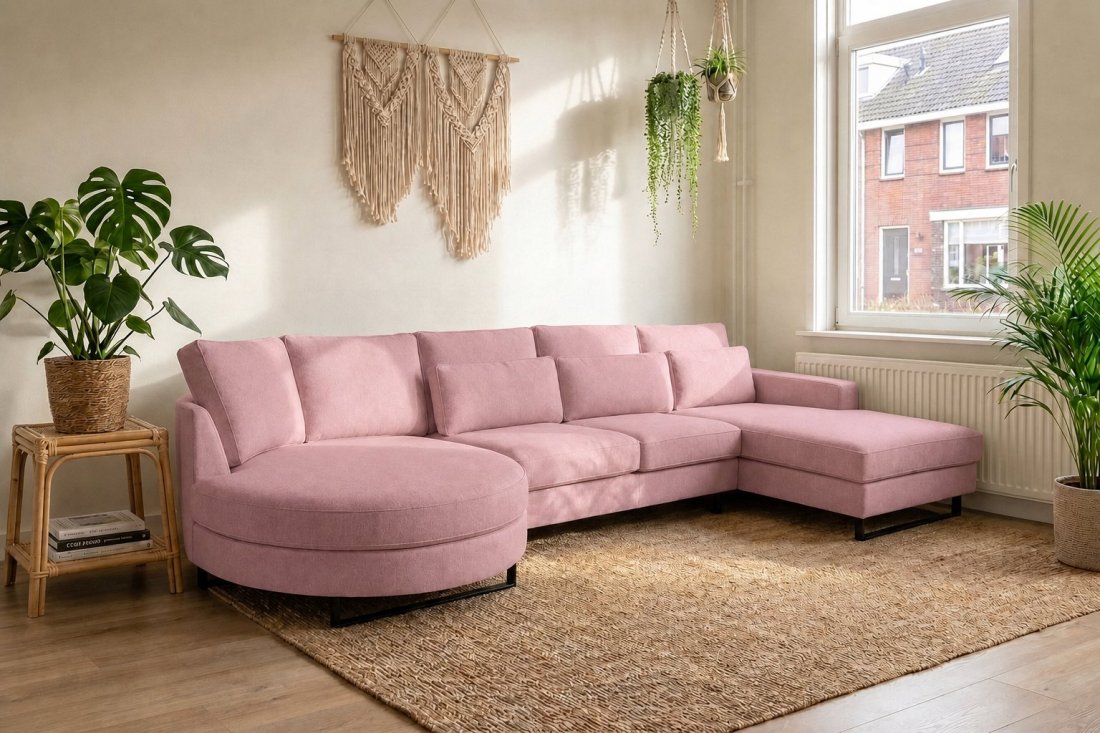 Amstelveen Longchair Rond + 2 Zits + Longchair in roze – kleurimpressie – A-meubel
