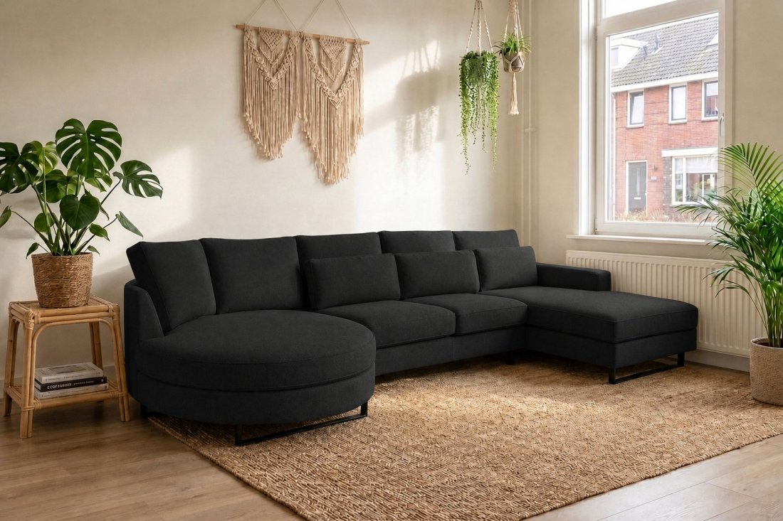 Amstelveen Longchair Rond + 2 Zits + Longchair in zwart – kleurimpressie – A-meubel