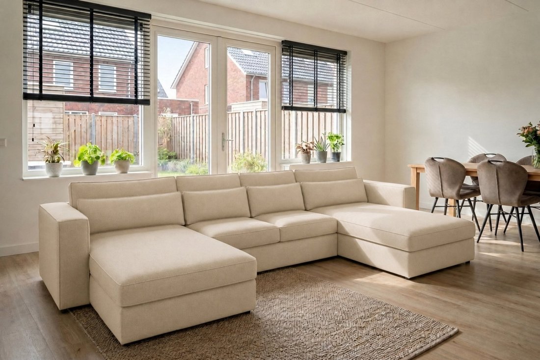Blaricum Longchair + 2 + Longchair in beige – kleurimpressie – A-meubel