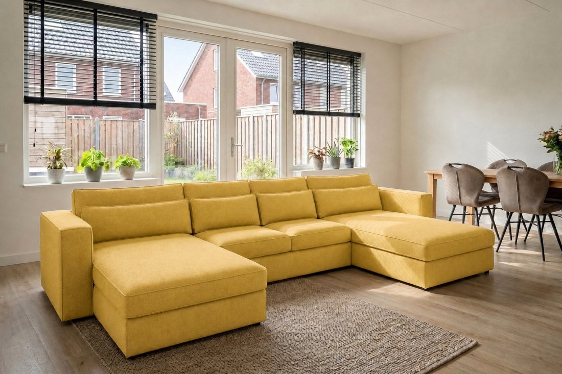Blaricum Longchair + 2 + Longchair in geel – kleurimpressie – A-meubel