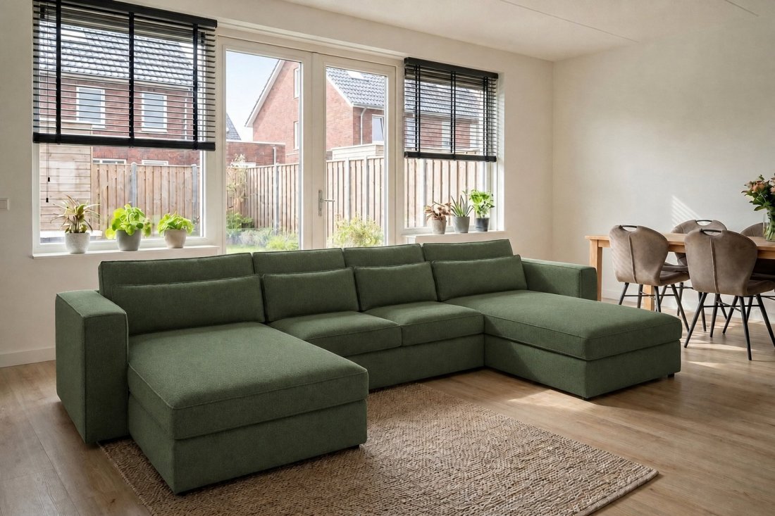 Blaricum Longchair + 2 + Longchair in groen – kleurimpressie – A-meubel