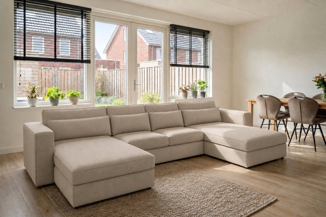 Blaricum Longchair + 2 + Longchair in taupe – kleurimpressie – A-meubel