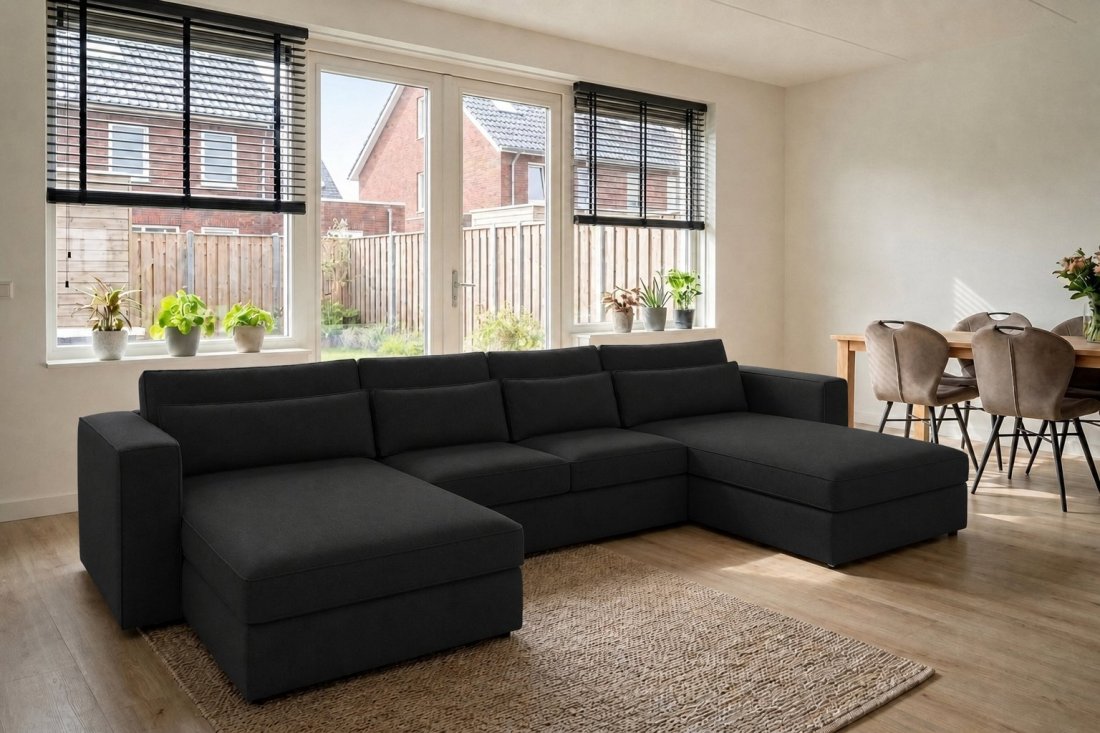 Blaricum Longchair + 2 + Longchair in zwart – kleurimpressie – A-meubel