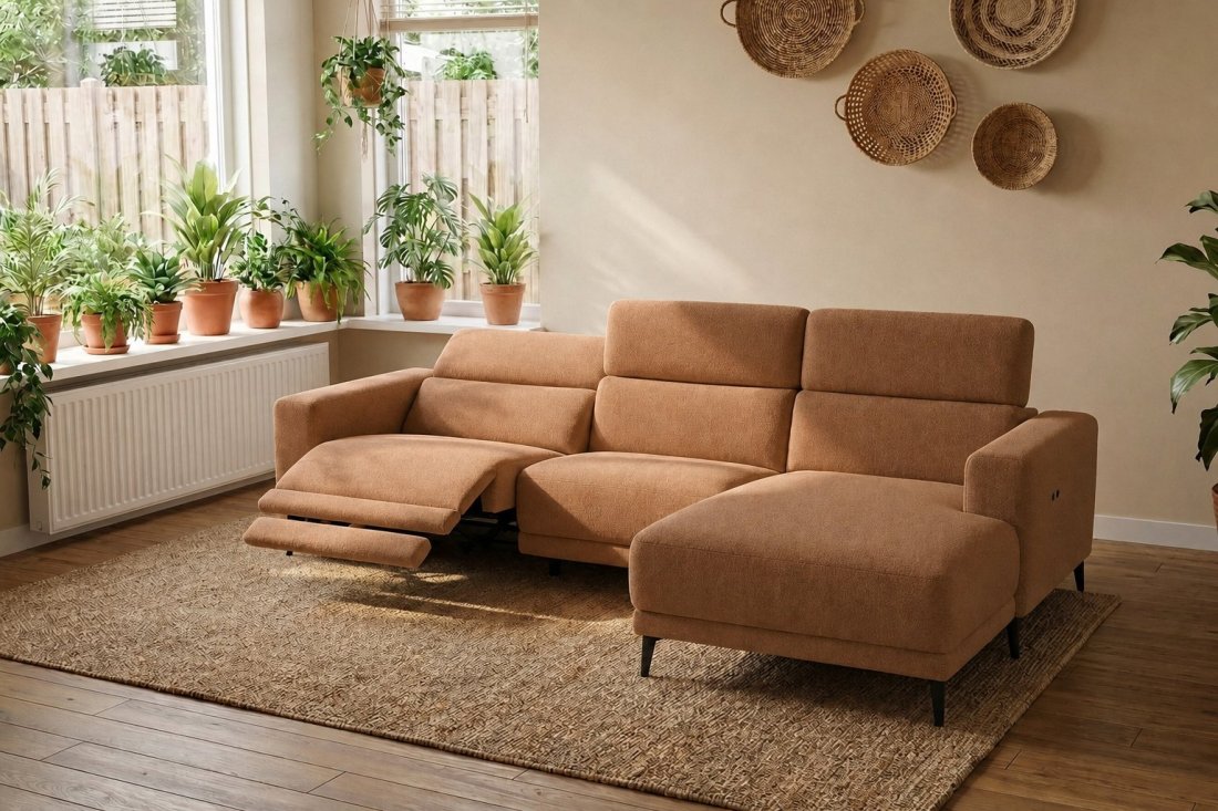 Enschede 2.5 Zits (1X Relax) + Longchair in cognac – kleurimpressie – A-meubel