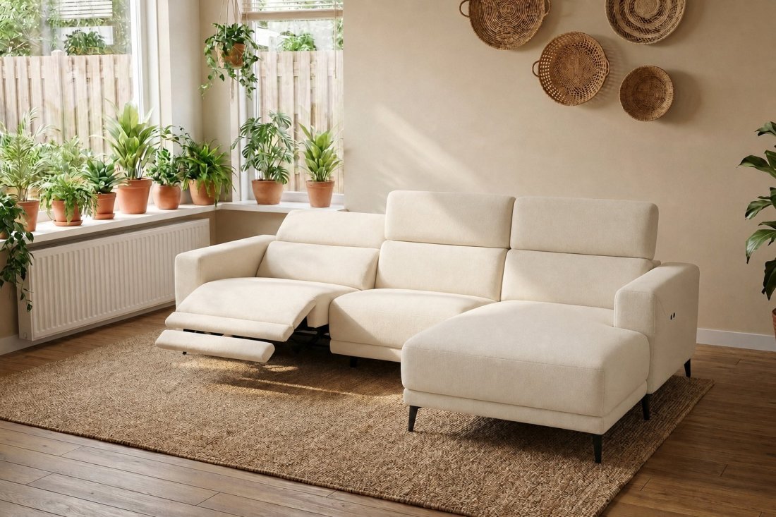 Enschede 2.5 Zits (1X Relax) + Longchair in creme – kleurimpressie – A-meubel