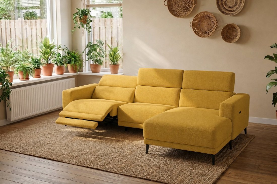 Enschede 2.5 Zits (1X Relax) + Longchair in geel – kleurimpressie – A-meubel