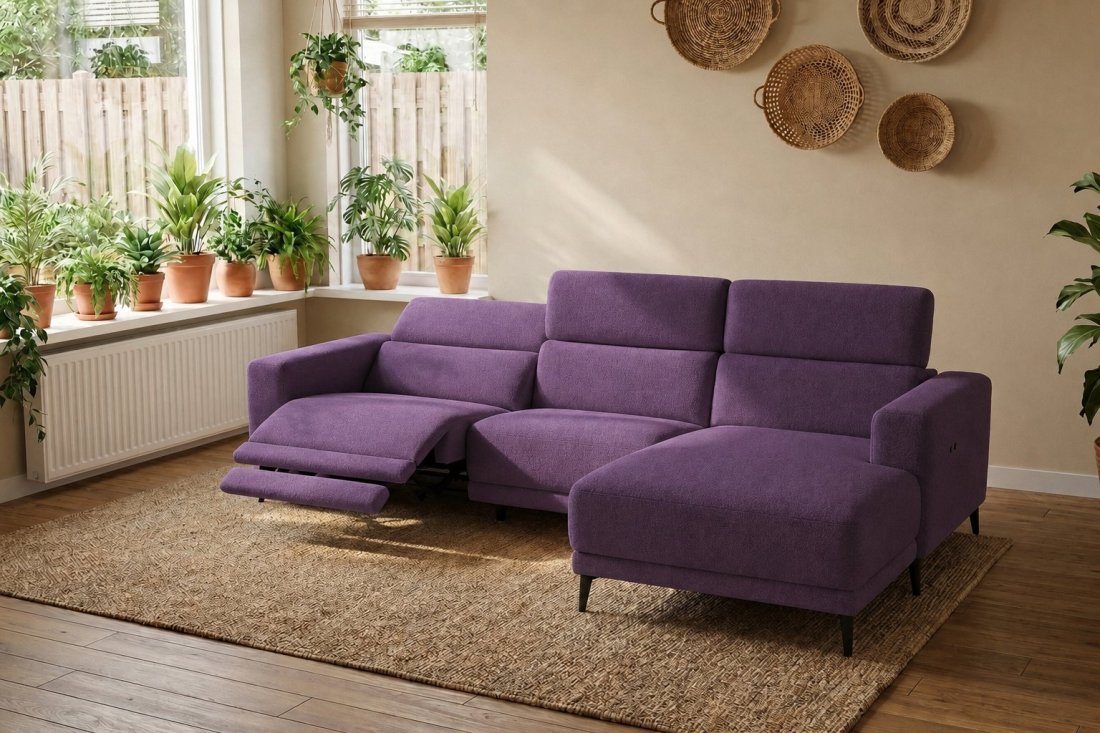 Enschede 2.5 Zits (1X Relax) + Longchair in paars – kleurimpressie – A-meubel