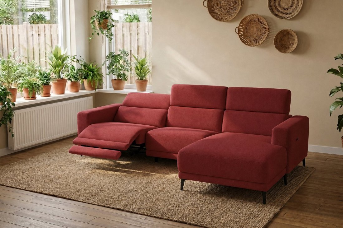 Enschede 2.5 Zits (1X Relax) + Longchair in rood – kleurimpressie – A-meubel
