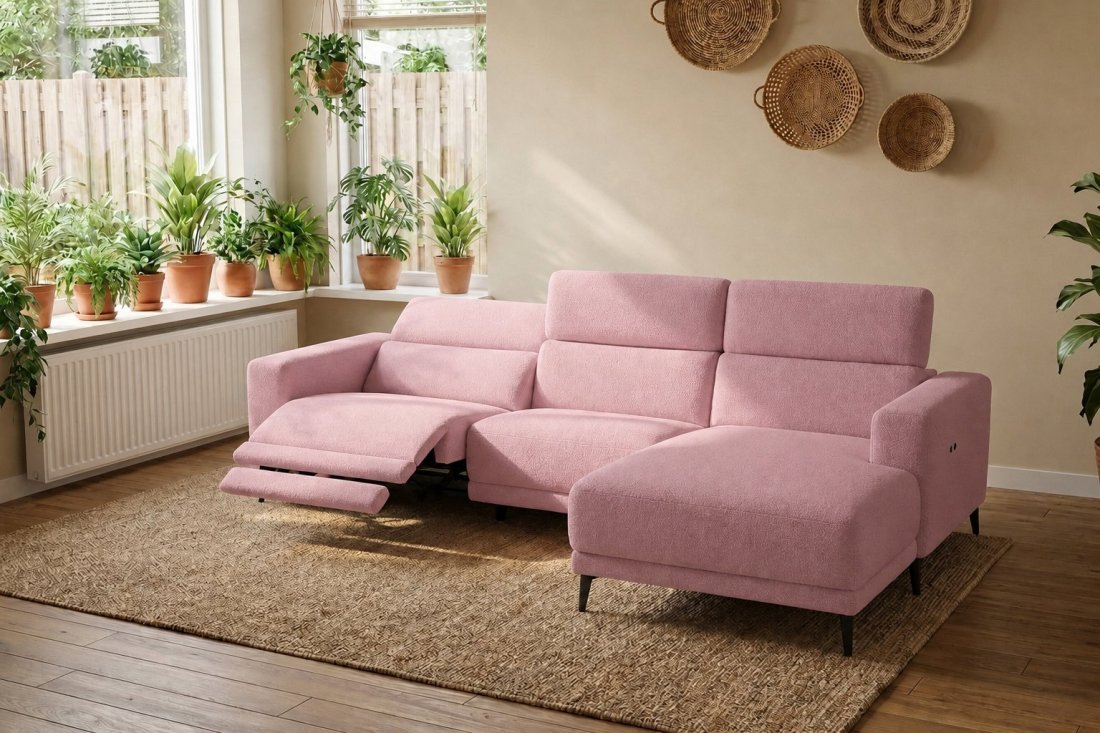 Enschede 2.5 Zits (1X Relax) + Longchair in roze – kleurimpressie – A-meubel
