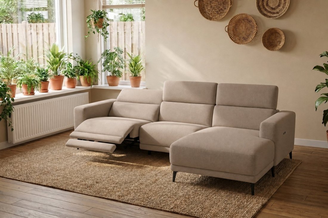 Enschede 2.5 Zits (1X Relax) + Longchair in taupe – kleurimpressie – A-meubel