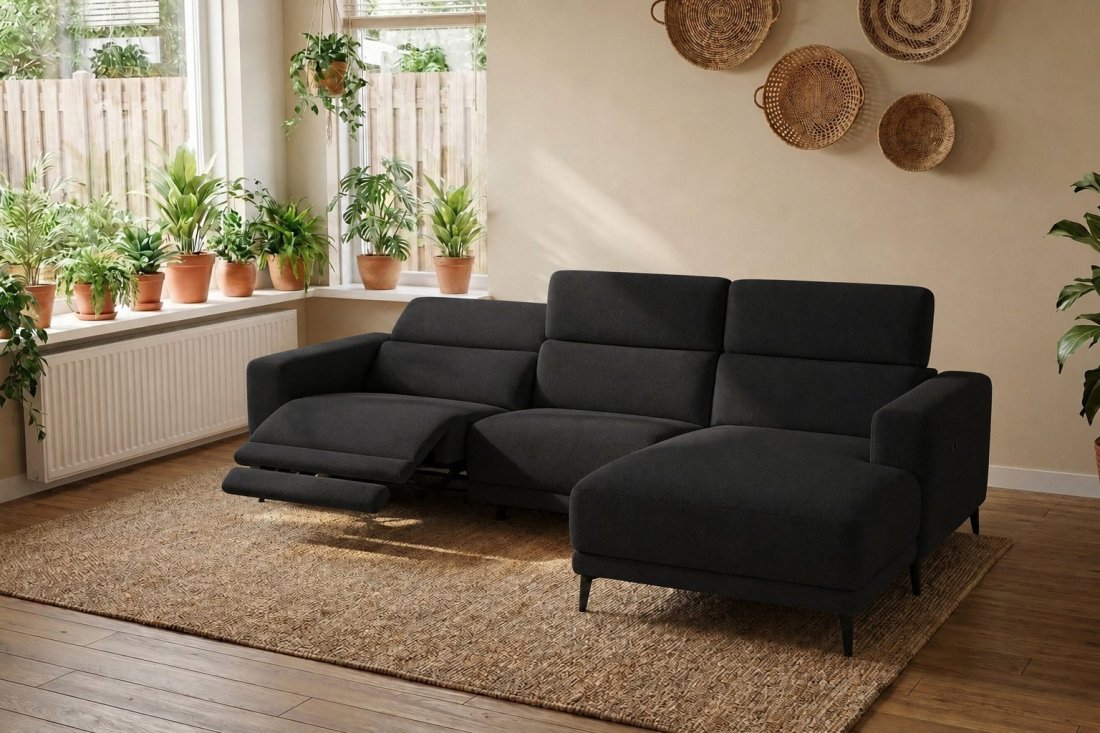 Enschede 2.5 Zits (1X Relax) + Longchair in zwart – kleurimpressie – A-meubel