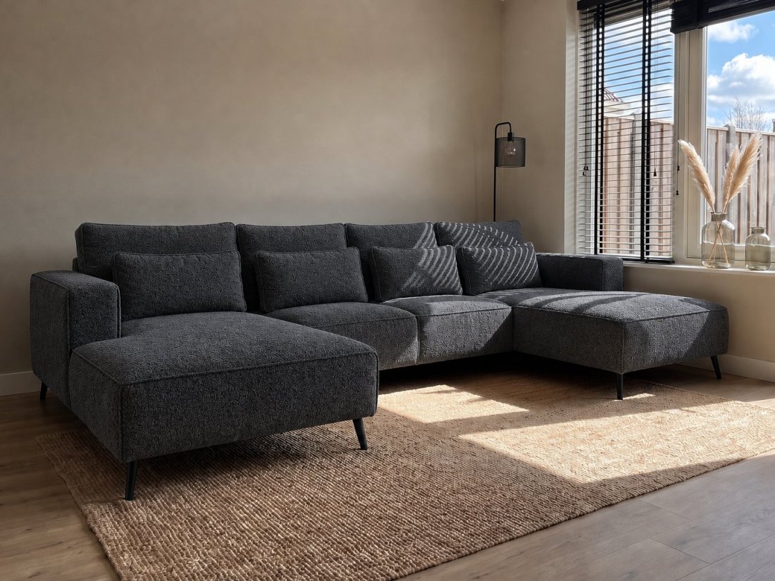 Groede Ottomaan + 2.5 Zits + Longchair in antraciet – kleurimpressie – A-meubel