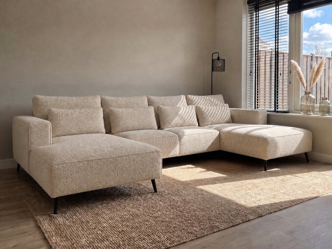Groede Ottomaan + 2.5 Zits + Longchair in beige – kleurimpressie – A-meubel