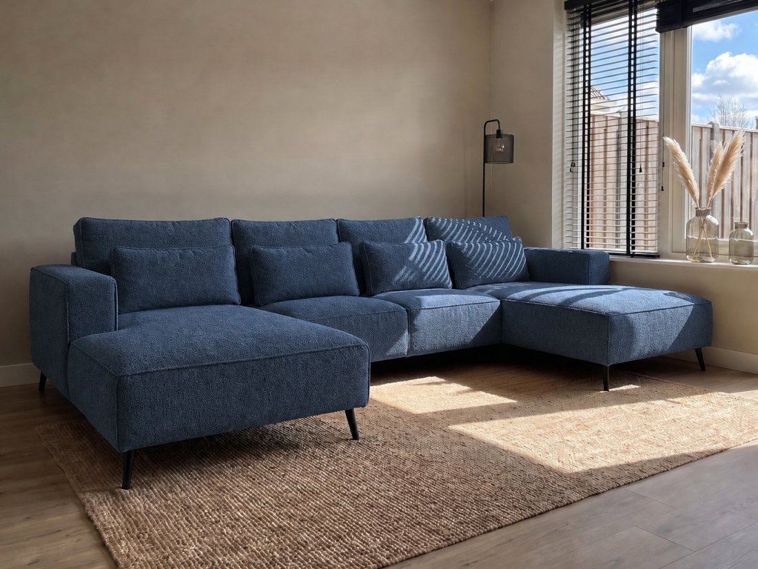 Groede Ottomaan + 2.5 Zits + Longchair in blauw – kleurimpressie – A-meubel
