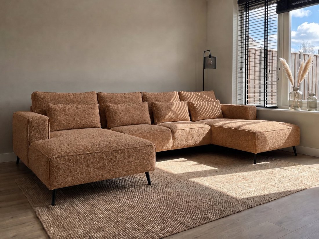 Groede Ottomaan + 2.5 Zits + Longchair in cognac – kleurimpressie – A-meubel