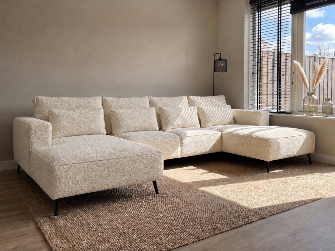 Groede Ottomaan + 2.5 Zits + Longchair in creme – kleurimpressie – A-meubel
