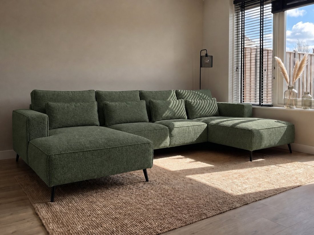Groede Ottomaan + 2.5 Zits + Longchair in groen – kleurimpressie – A-meubel
