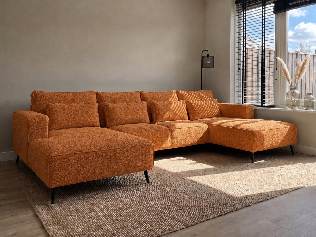 Groede Ottomaan + 2.5 Zits + Longchair in oranje – kleurimpressie – A-meubel