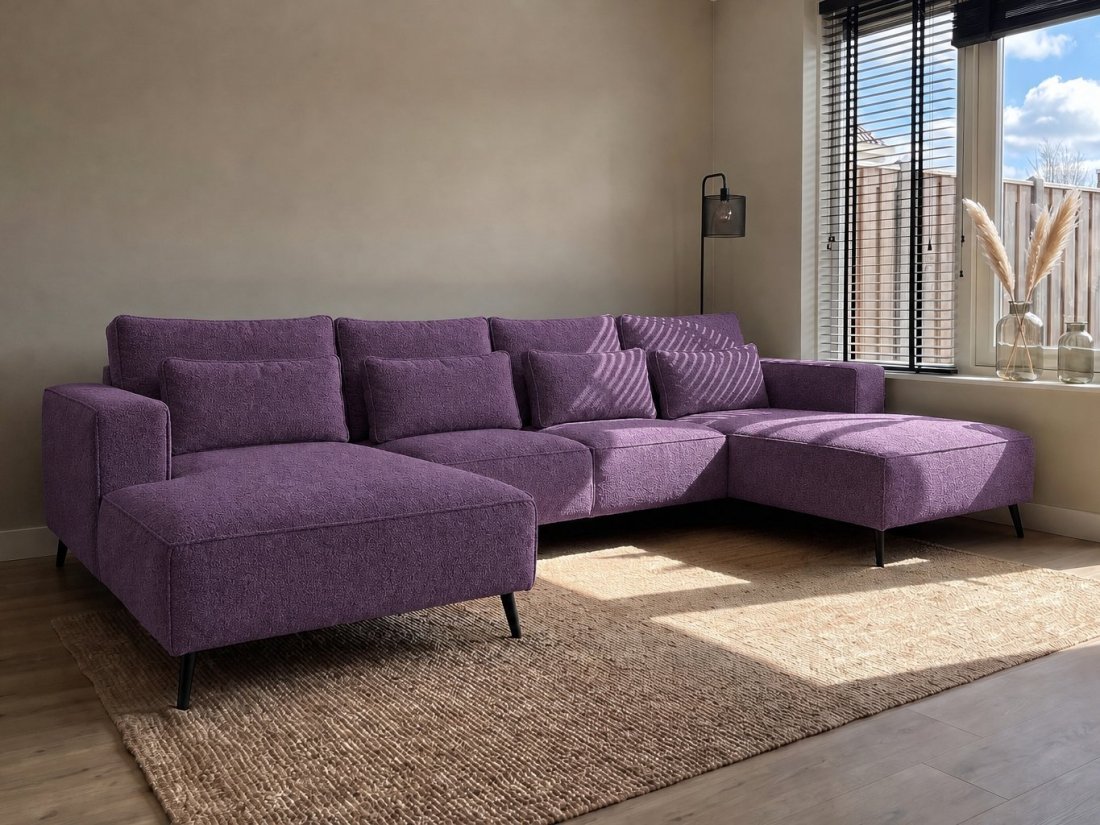 Groede Ottomaan + 2.5 Zits + Longchair in paars – kleurimpressie – A-meubel