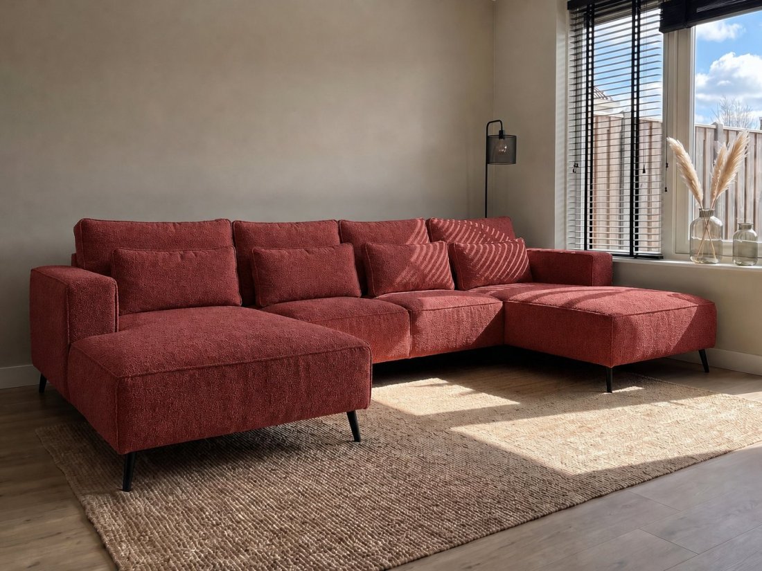 Groede Ottomaan + 2.5 Zits + Longchair in rood – kleurimpressie – A-meubel
