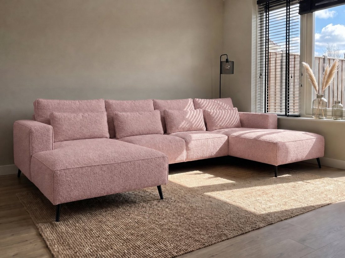 Groede Ottomaan + 2.5 Zits + Longchair in roze – kleurimpressie – A-meubel