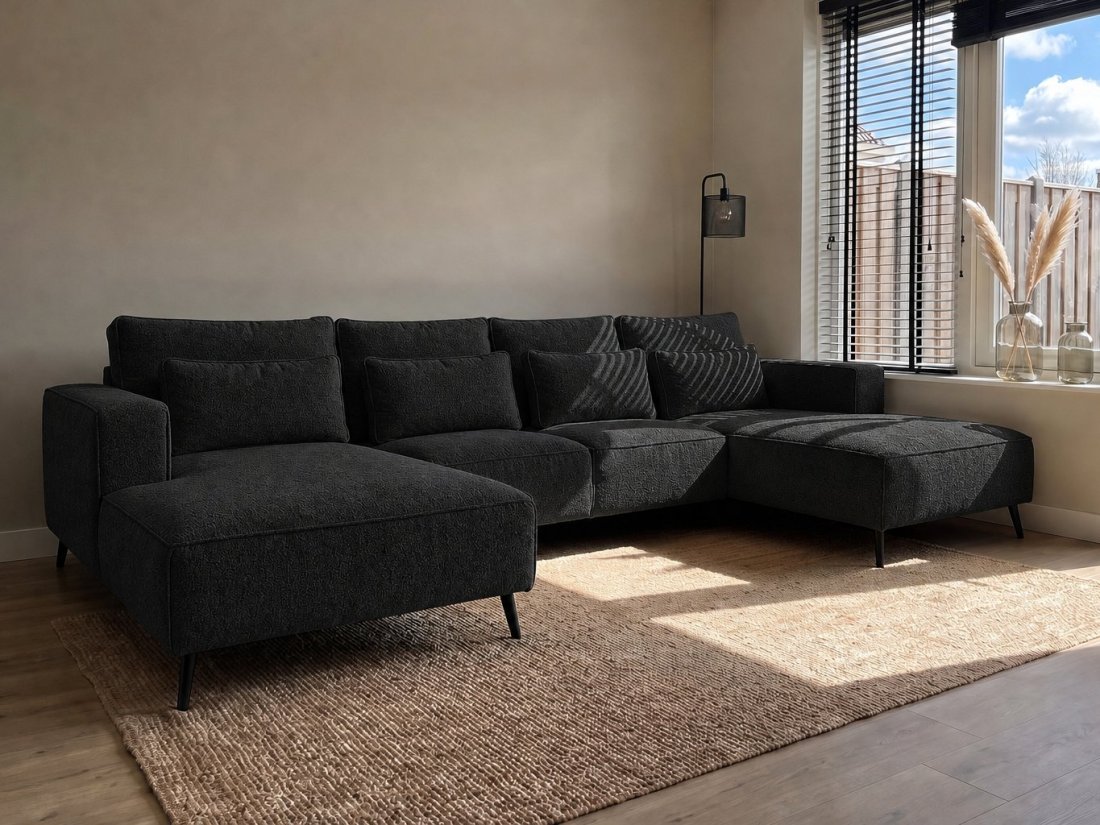 Groede Ottomaan + 2.5 Zits + Longchair in zwart – kleurimpressie – A-meubel
