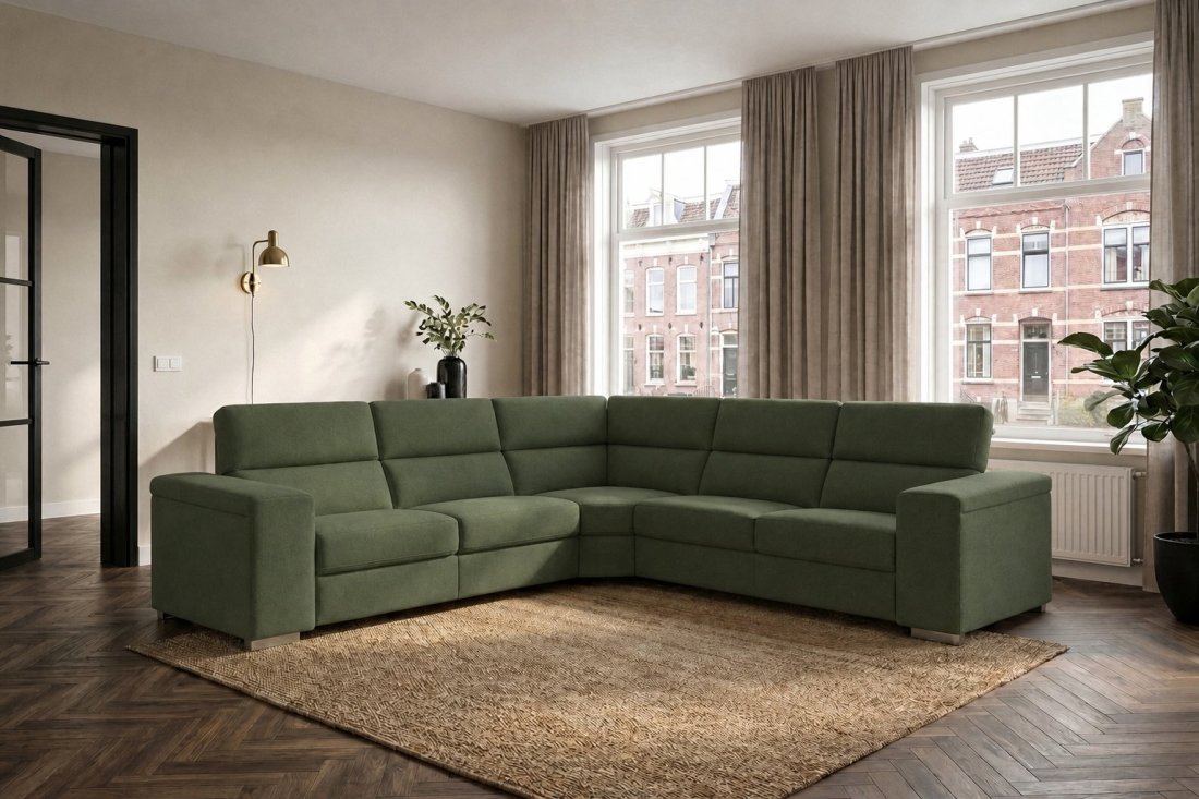 Harderwijk 2 + Hoekelement Groot + 2 Zits (Zonder Relax) in groen – kleurimpressie – A-meubel