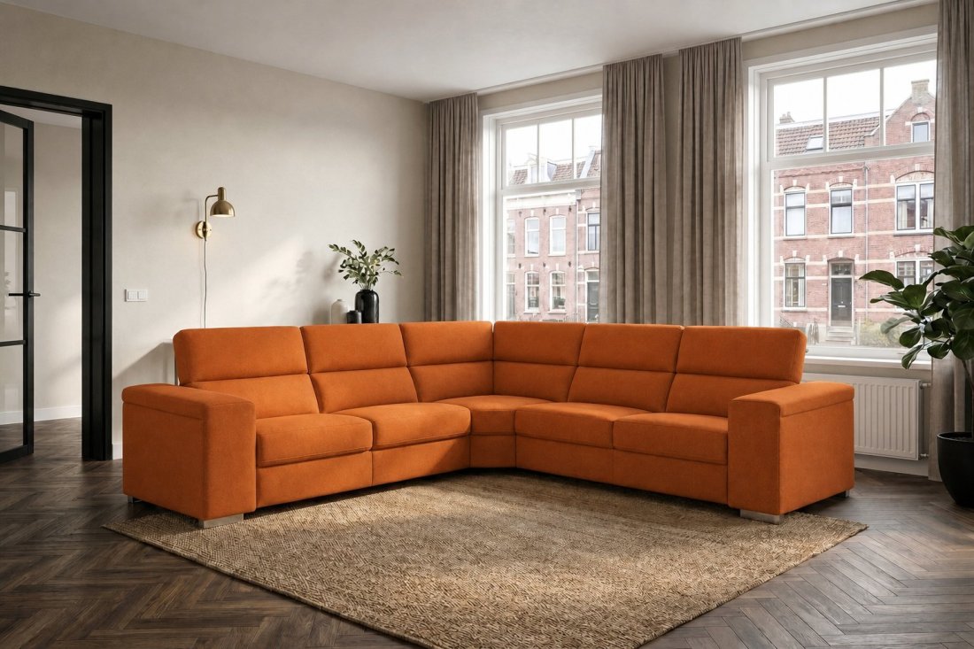 Harderwijk 2 + Hoekelement Groot + 2 Zits (Zonder Relax) in oranje – kleurimpressie – A-meubel