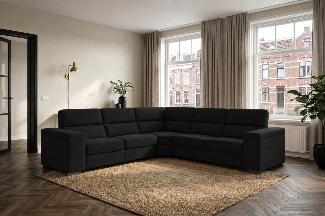 Harderwijk 2 + Hoekelement Groot + 2 Zits (Zonder Relax) in zwart – kleurimpressie – A-meubel