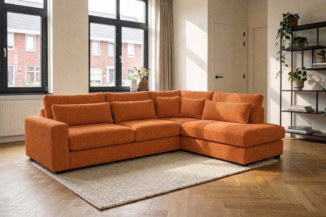 Ijsselstein 2.5 Zits + Ottomaan Klein in oranje – kleurimpressie – A-meubel