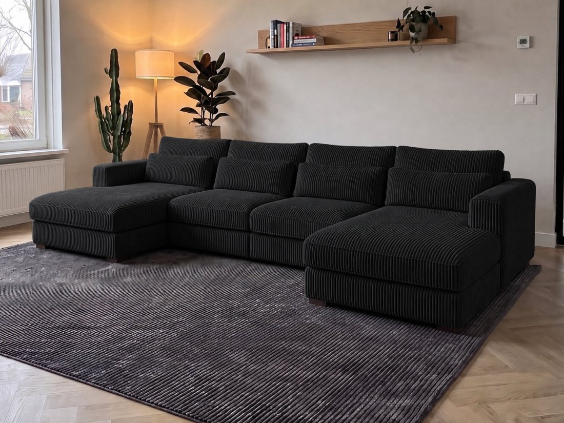 Merselo Longchair + 2 + Longchair in zwart – kleurimpressie – A-meubel