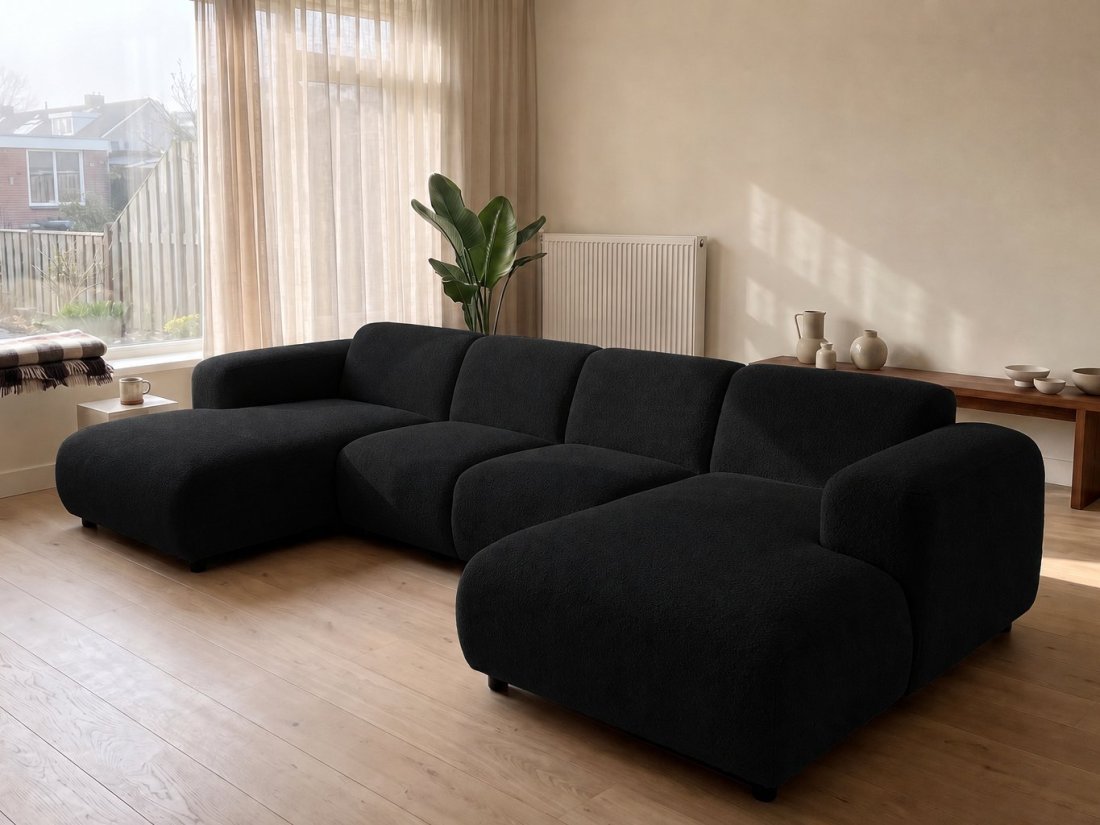 Rotterdam Longchair + 2 Zits + Longchair in zwart – kleurimpressie – A-meubel