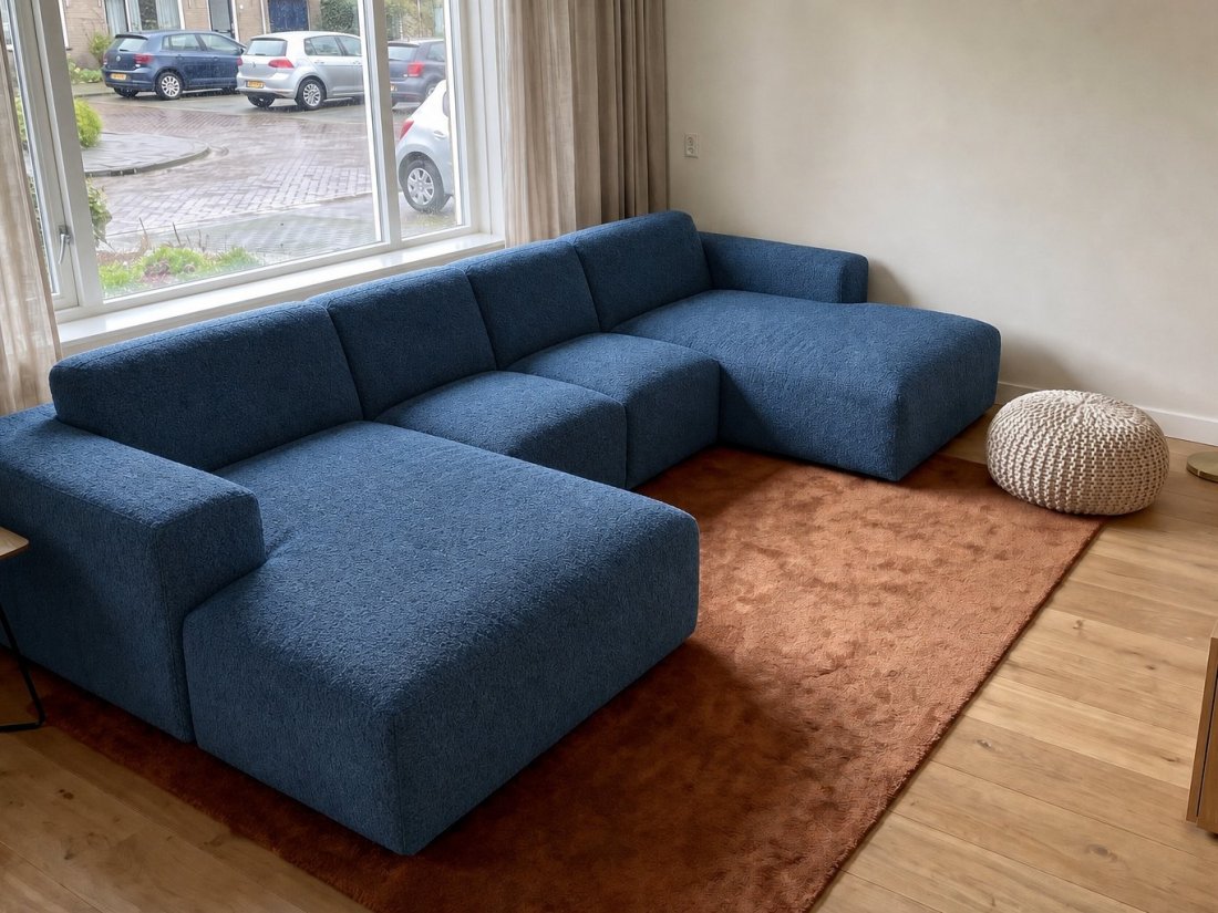 Veenendaal Longchair + 2 Zits + Longchair in blauw – kleurimpressie – A-meubel