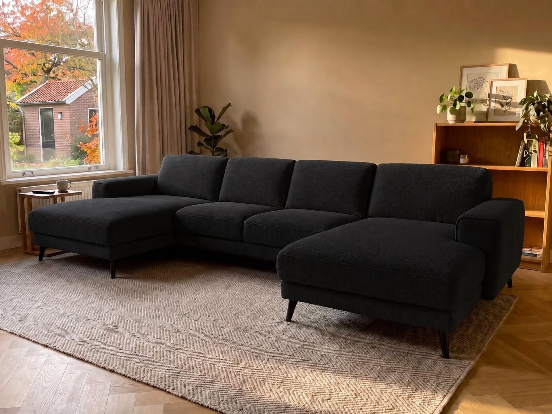 Zwolle Longchair + 2 Zits + Longchair in zwart – kleurimpressie – A-meubel